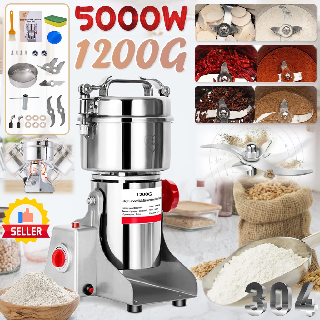 1200G Electric Grain Grinder Machine Stainless Steel Dry Food Crusher Kisar Cili Kering Mesin Pengisar Rempah Serbuk 磨粉机