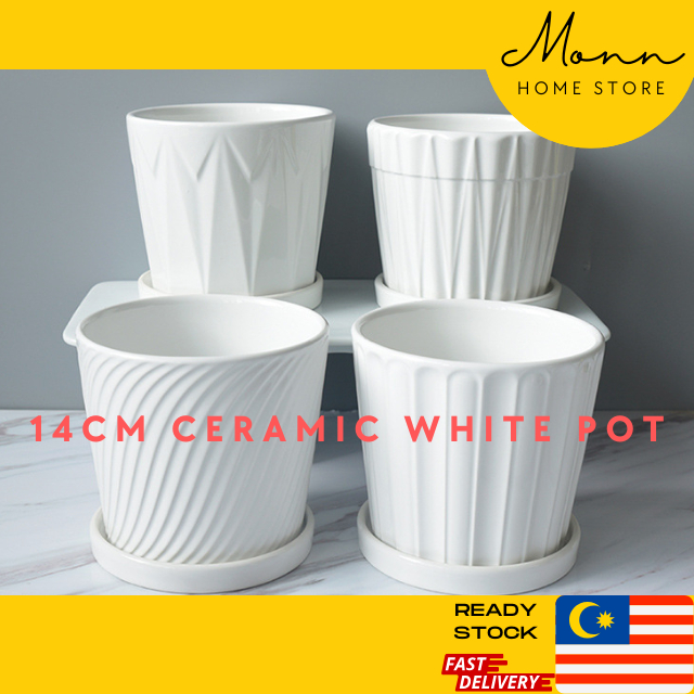 [READY STOCK] MONN White 14CM Handmade Ceramic Pot With Tray for Succulent Plants & Flowers | Pasu Seramik Putih 14CM
