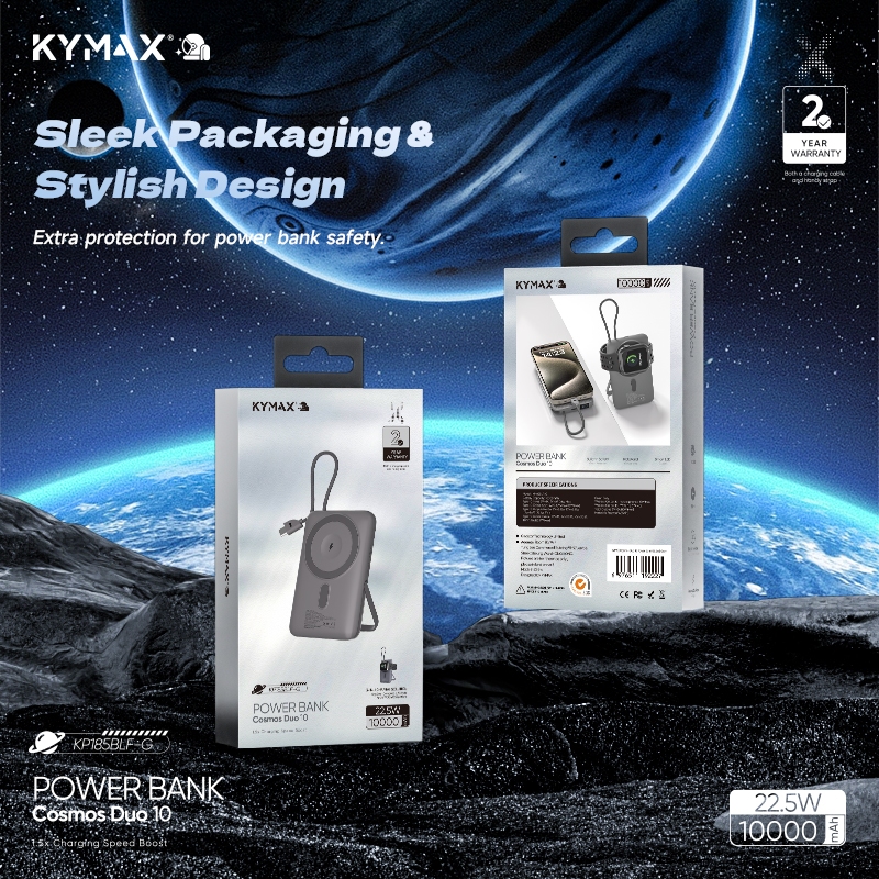 KYMAX Powerbank Cosmos Duo 10 | 10000mAh 3-dalam-1 Magnetik 15W + 22.5W Pengecasan Pantas