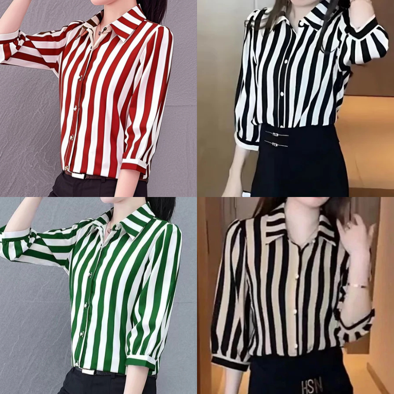 ?Ratu Elegan?Blouse Women Korean Chiffon Stripe Shirt Elegant Long Sleeved Baju Kemeja Perempuan
