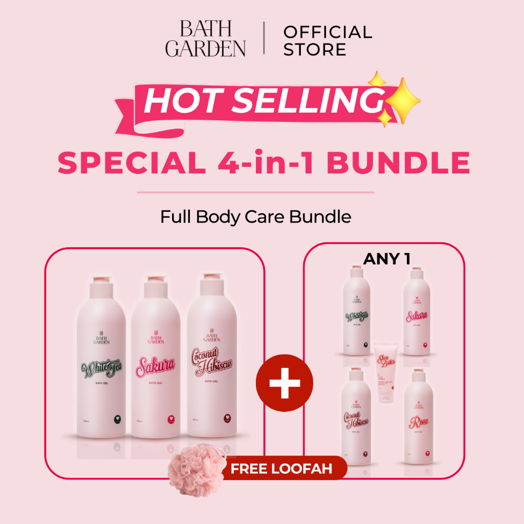 Bath Garden Special 4-in-1 Bundle Sakura White Tea Coconut Hibiscus Rose Local Brand Bath Shower Gel Body