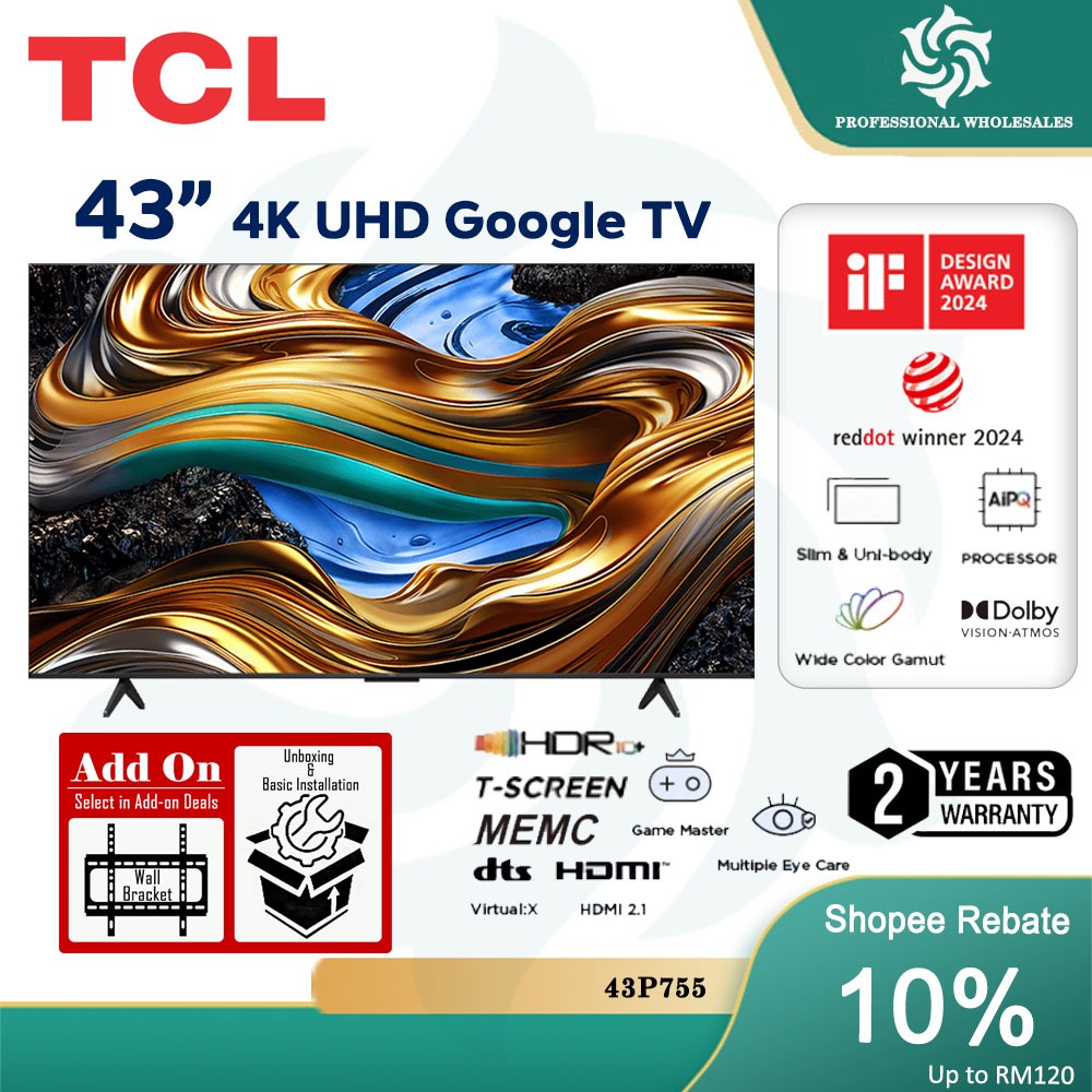 【LOWEST PRICE】TCL 43" 50" 55" 65" 4K UHD Google TV with Wide Color Gamut, MEMC, T-Screen