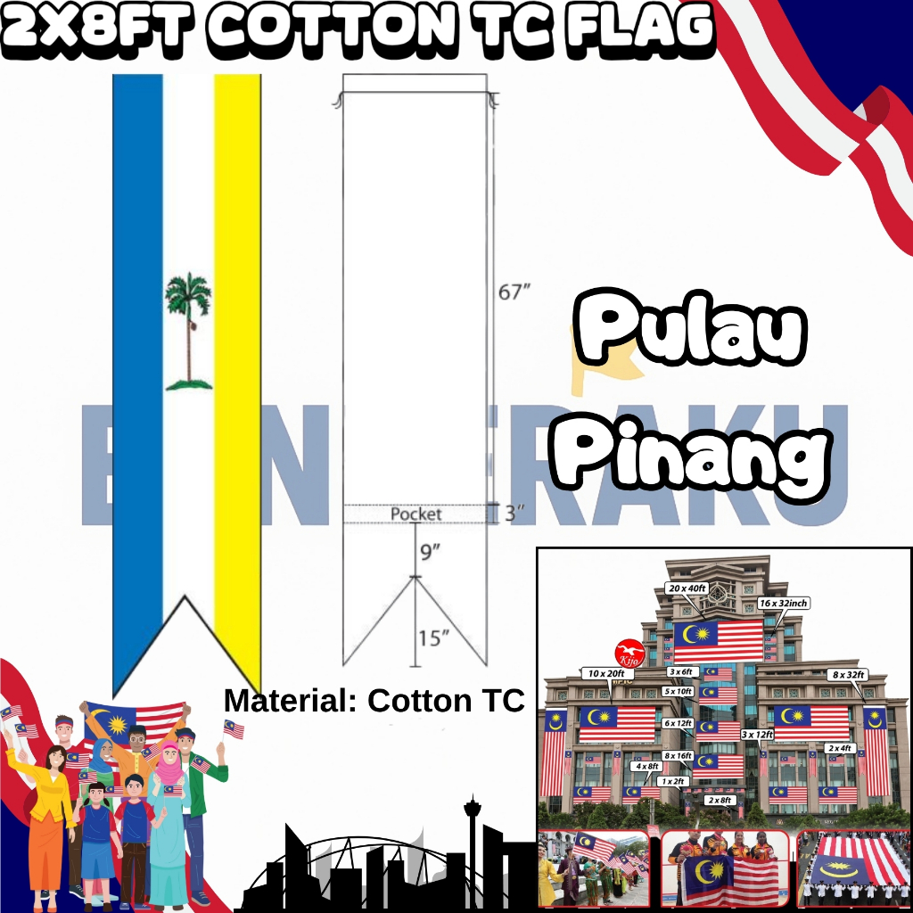 【Benderaku】Penang Flag  BenderaPulau Pinang  Penang Flag Cotton Flag 2x8ft -FPG28