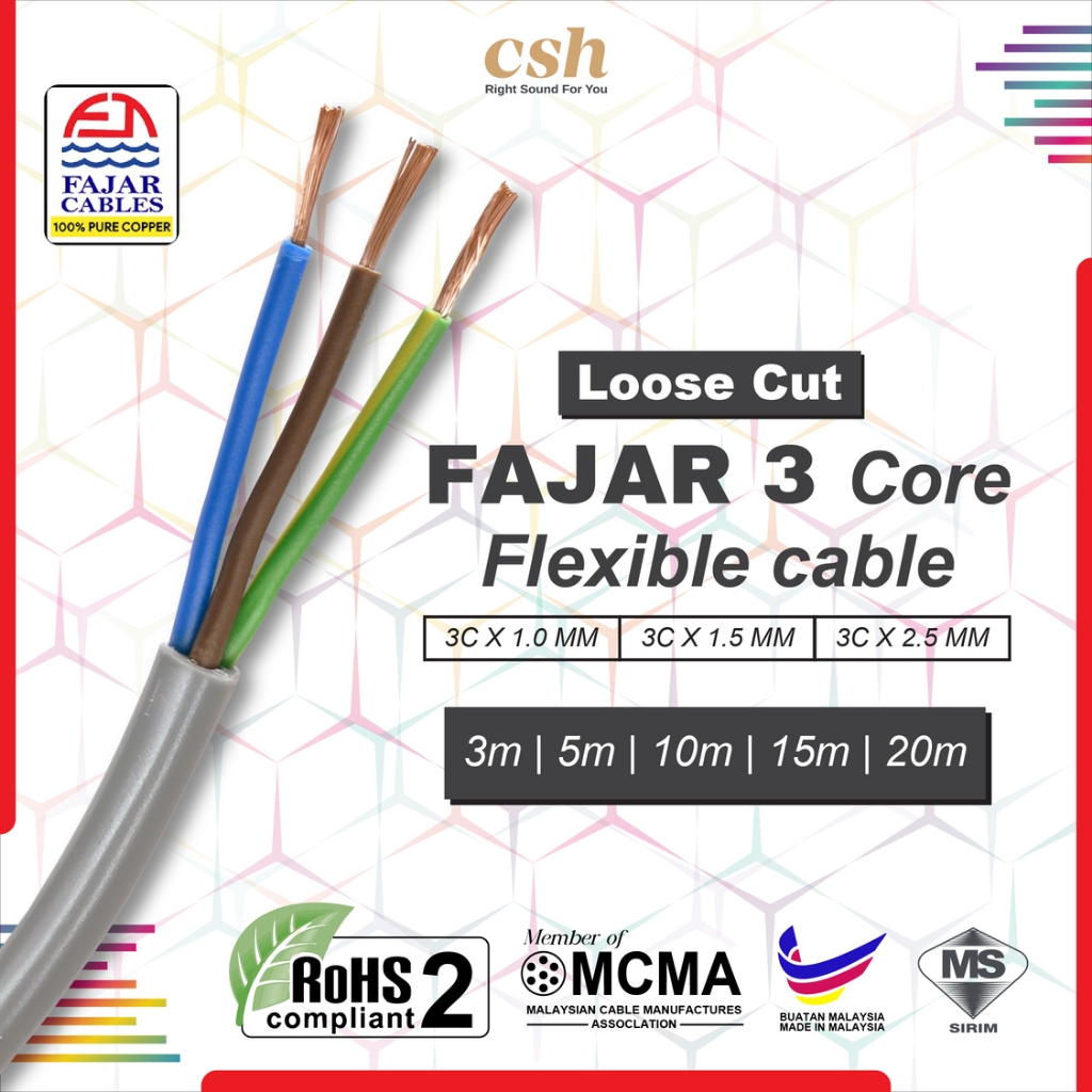 FAJAR CABLE PVC Flexible Cable 1.5mm (30/0.25) 3 Core Wayar Kabel 100% FULL COPPER SIRIM 3m / 5m / 10m / 15m /20m