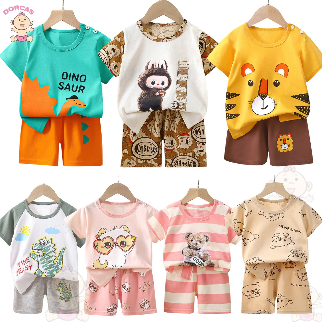 (3m-5yrs) Unisex Cotton Short Sleeve Cute Baby Boy Shirts + Pants Set |Bayi Set Short Sleeve Cute Clothing Baby Set