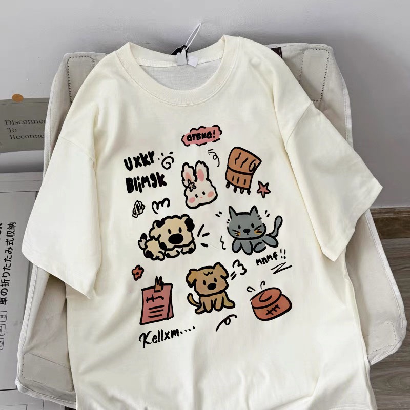 Korean style women clothing | Oversized Crew Neck T-shirt 100% cotton | animals print  stylish casual tops y2k
