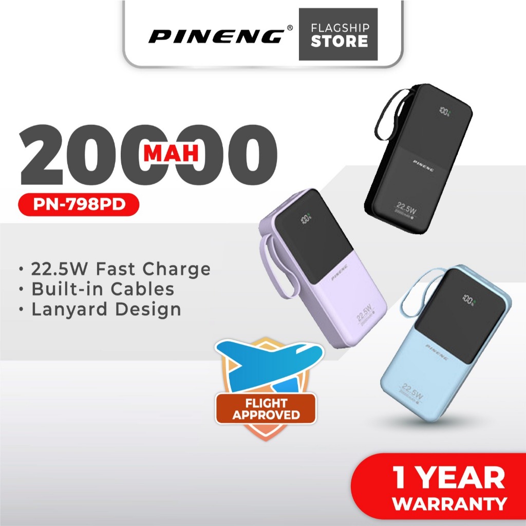 Pineng PN-798PD 20000mAh 22.5W Fast Charge Portable Powerbank Built-in Cables PN797/PN798/PN799 Pineng Powerbank