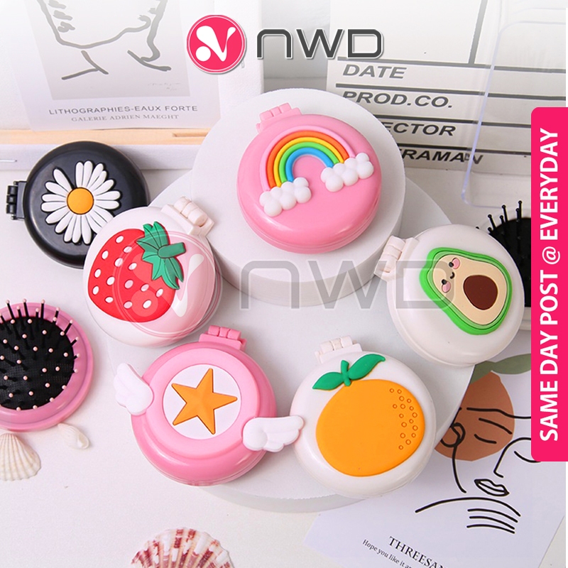 《 》Foldable Pocket Mirror Hair Comb Cute Head Scalp Massage Air Cushion Combs Mini Hair Brush Cermin Sikat 折叠梳