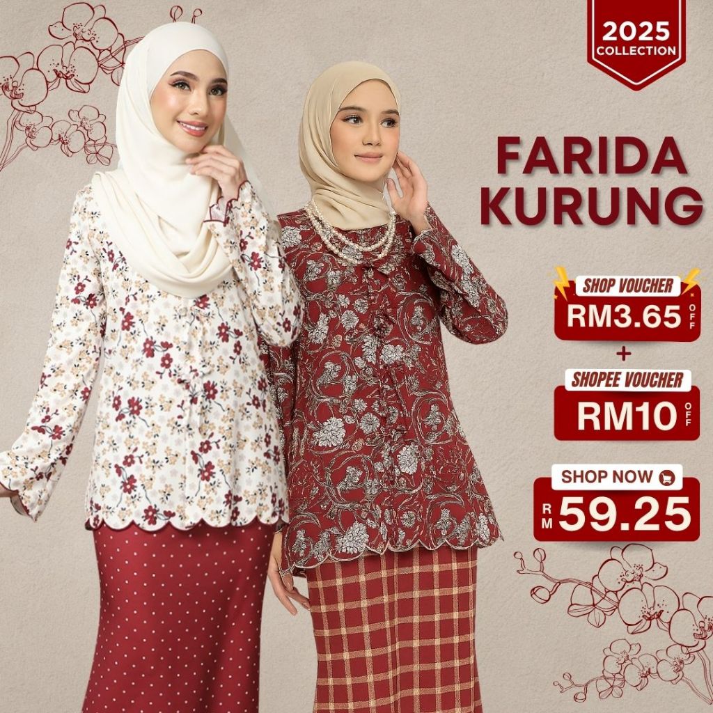 ZOE ARISSA KURUNG KEDAH MODEN Farida Sulam Baju Raya Muslimah Floral Printed Coquette Ribbon Baju Set Wanita 2025 Viral