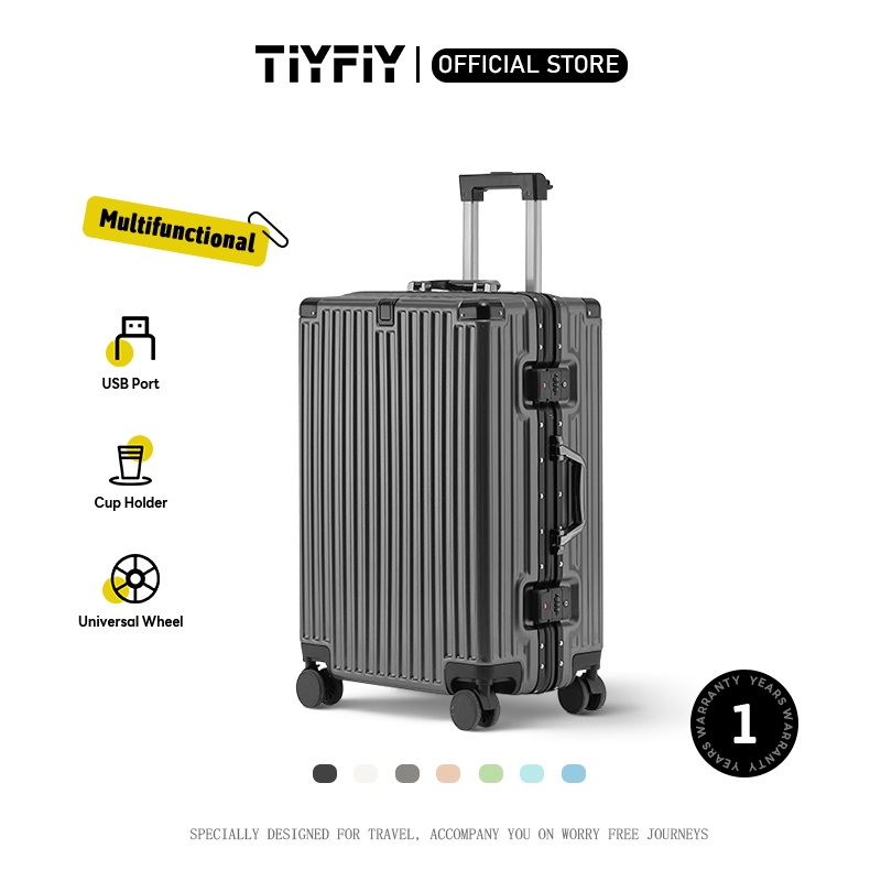 TiYFiY Luggage Aluminium Frame Suitcase with USB Charging&Cup holder beg bagasi (20''24''28'')