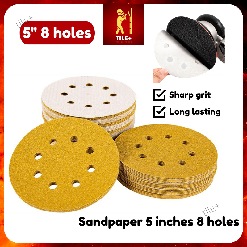 Tile+ Premium 5'' 8 Holes Velcro Sand Paper 125mm Red Sand Paper Yellow Sand Paper Abrasive Sanding Disc Kertas Pasir