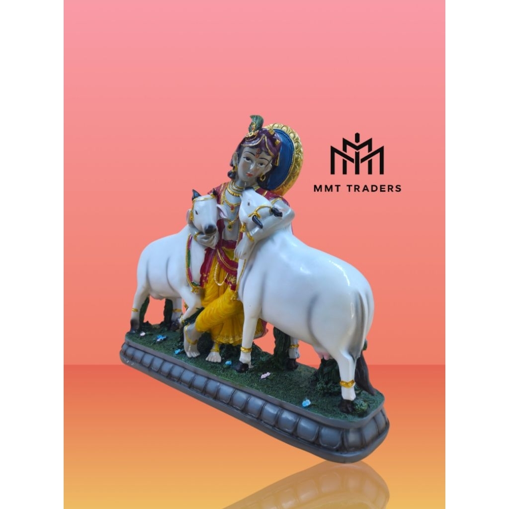 Krishna Hugging Cows Statue 12.25" Hindu God Figurine Idol Golu Doll