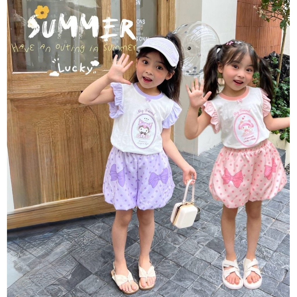 [🇲🇾Penang Ready Stock](100-140saiz) Girls' Cute Sanrio Kuromi Melody Bloomers Set女童可爱三丽鸥 库洛米美乐蒂灯笼裤套装