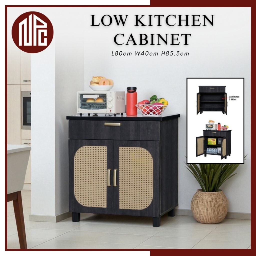 NPC 4ft Kitchen Cabinet Base 3 Doors Rattan Dark Aesthetic Storage Cupboard / Rak Dapur Rotan Rendah (Black)