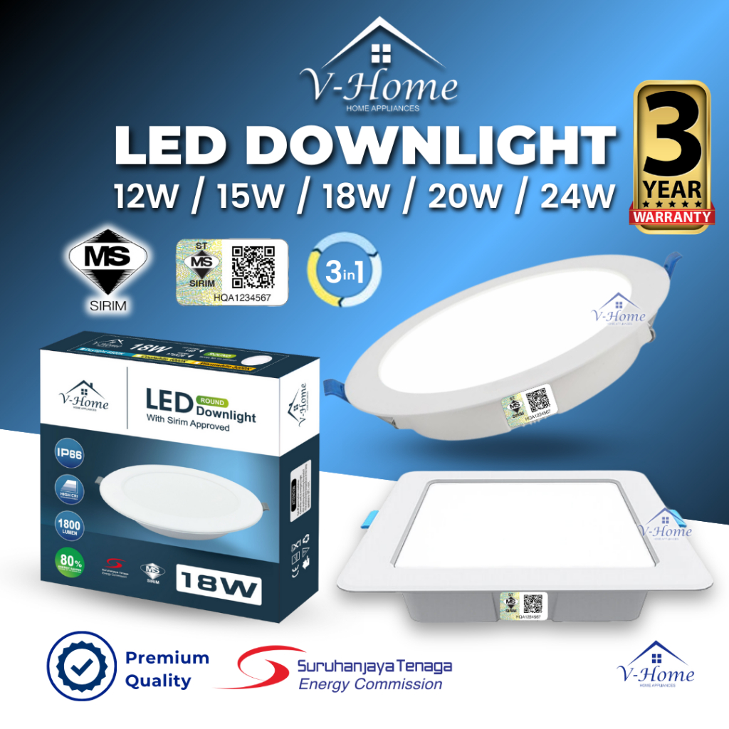 [SIRIM] VHome® LED Downlight Round Square 12W 15W 18W 20W 24W 4" 6'' 8" Recessed Downlight Panel Celling Lampu