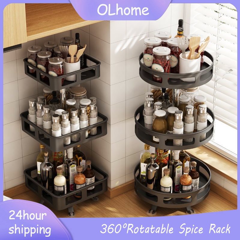 1/2/3 Tier 360° Rotating Spice Rack Rotatable Kitchen Rak Rempah Seasoning Condiments Storage Organizer Rack 旋转调料架置物架