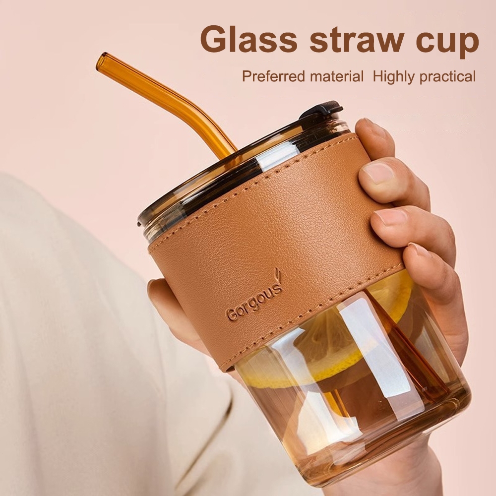 Glass straw cup with lid Cawan kaca Portable gift coffee cup Heat resistant and cold resistant transparent water cup玻璃杯