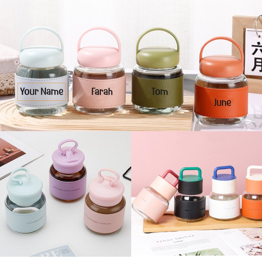 Custom name Personalized gift mug with lid Glass Bottle with Luxury Leather-Like Sleeve and Handle Cawan kaca doorgift