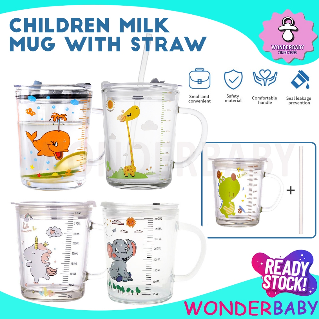 Wonderbaby 400ml Milk Cup Mug with Cover & Silicone Straw | Baby Dinosaur&Unicorn Training Water Bottle Heat-Resistant