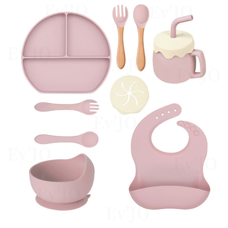 Baby Dining Set 10-IN-1 Food Grade Silicone Bib Bowl Suction Plate Baby Training Feeding Tableware Pinggan Baby