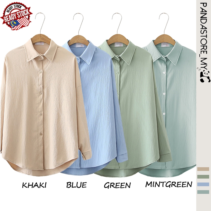 ?? READY STOCK Loose casual Long-sleeved blouse for women kemeja perempuan outfit wanita baggy shirt Top labuh