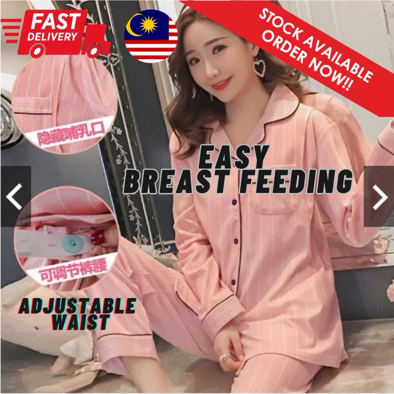 TOP SELLINGLong Sleeve Maternity Pajamas nursing wear pregnant sleepwear mother breastfeed confinement baju tidur ibu