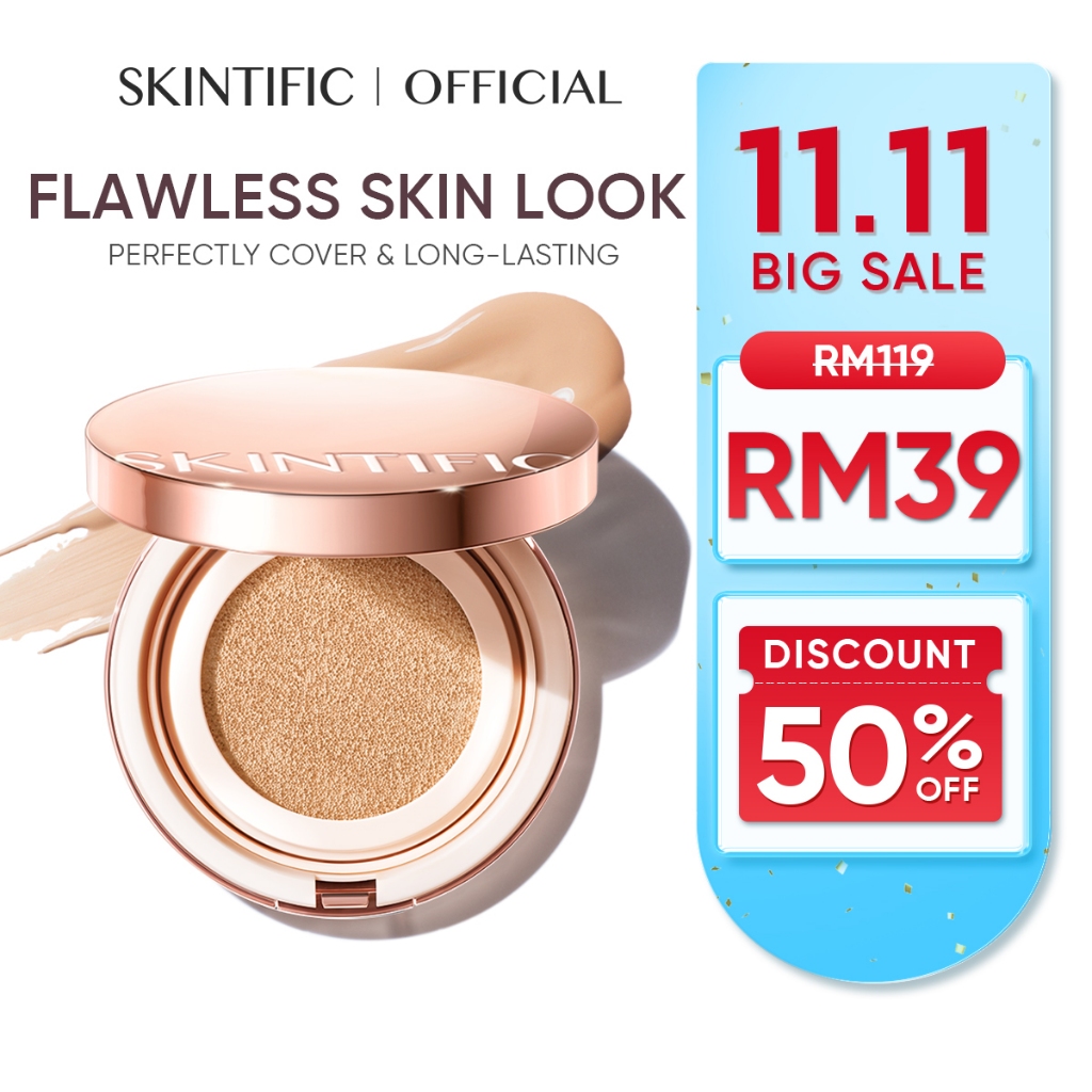 [NEW SHADE]SKINTIFIC Cover All Perfect Cushion High Coverage Poreless Flawless Foundation Makeup 24H Long-lasting SPF35+