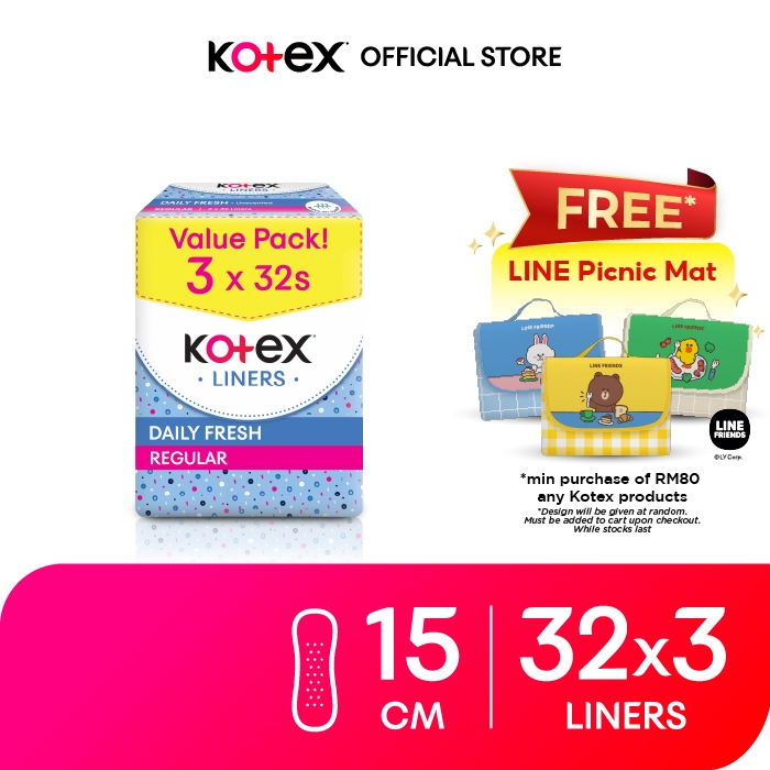 Kotex Regular Unscented Panty Liners 15cm (32s x 3 Packs) - Breathable, Comfortable & Rapid Absorption Liners