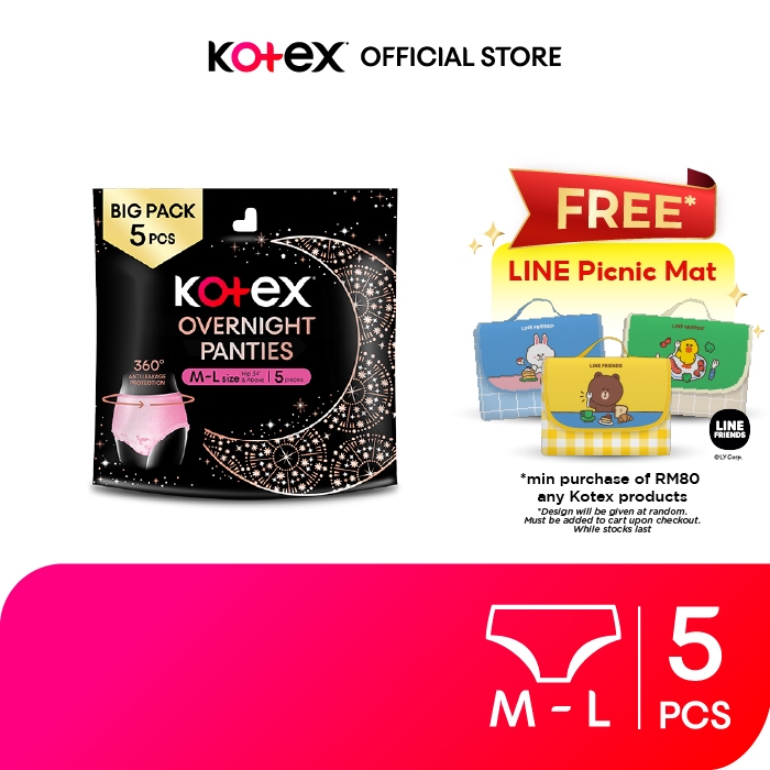 Kotex Overnight Panties M-L / L-XL (5s) - Period Panties with 360⁰ Anti-Leakage Protection Disposable