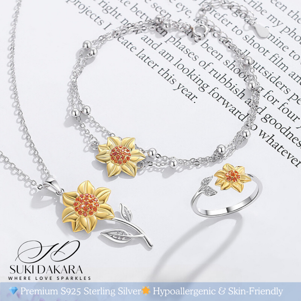 SUKI DAKARA S925 Silver Dual-Color Sunflower Set Perhiasan Bunga Zircon Mewah untuk Wanita 时尚纯银花卉项链