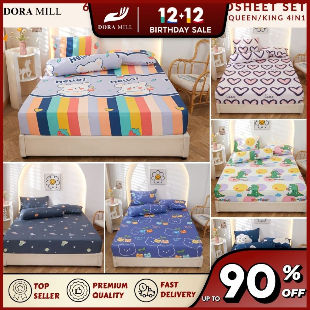 DORAMILL Children 4in1 Queen 2in1 Single Cotton Fitted Bedsheet Set Pillow Bolster Cadar Murah V#5