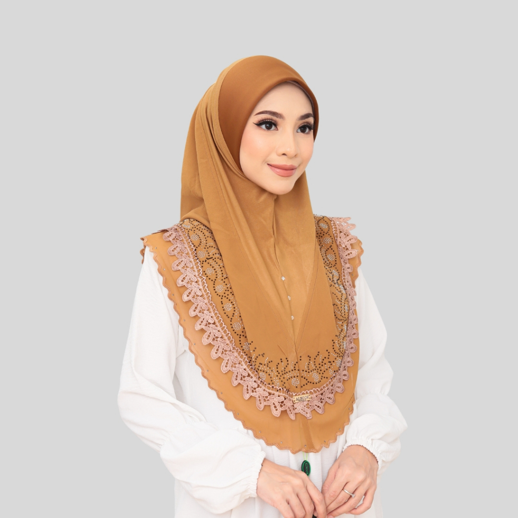 Tudung Sarung Sulam 2 Layer Berdagu Manik Lace Batu Elegant Muslimah Hijab