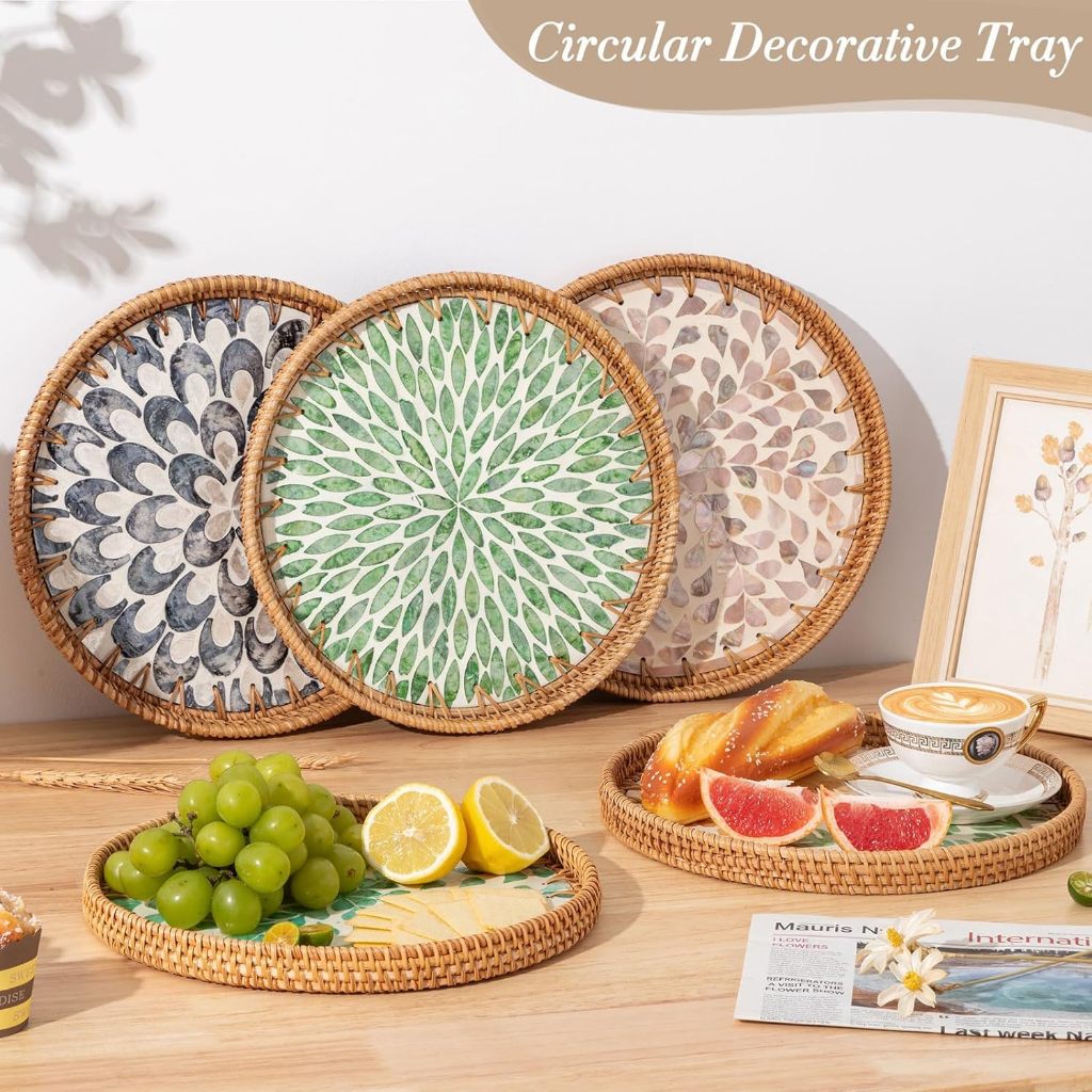 Mother-of-pearl Inlaid Rattan Tray Breakfast Basket Round Tray Coffee Table Decoration Display Tray