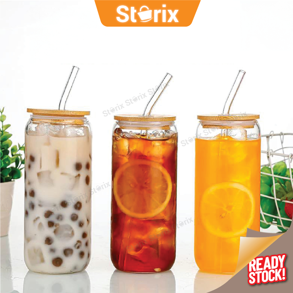 Storix Drinking Glasses with Bamboo Lids and Borosilicate Glass Straw Cups Glasses Iced Coffee Cute Tumbler Cup