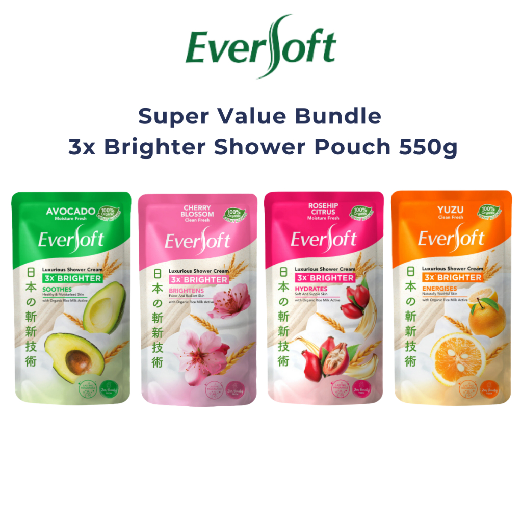[Bundle of 3] Eversoft Shower Cream Pouch 550g | Avocado Cherry Blossom Rosehip Citrus Yuzu Organic Rice Milk