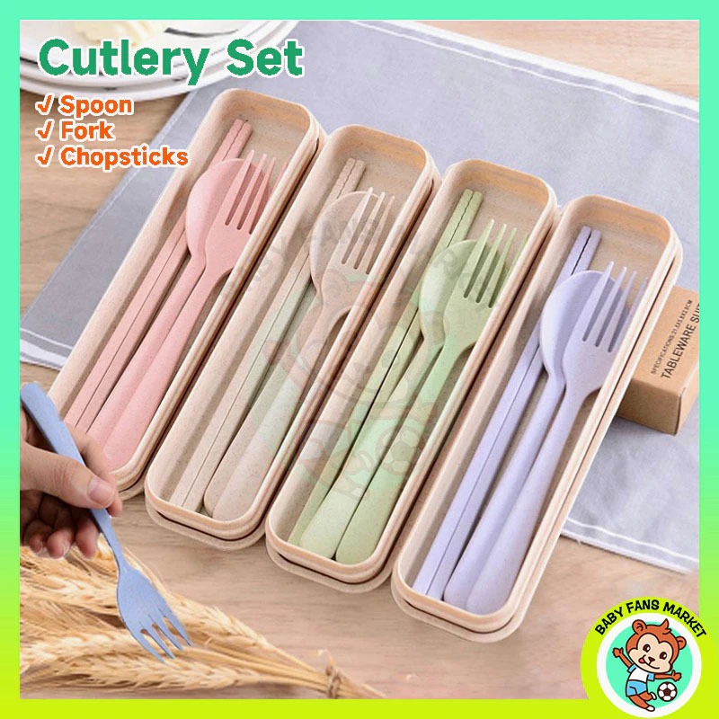 3 In 1 Wheat Straw Cutlery Set Spoon Fork Chopstick For Weeding Party Door Gift Cultery Set Tableware Dinnerware Kenduri
