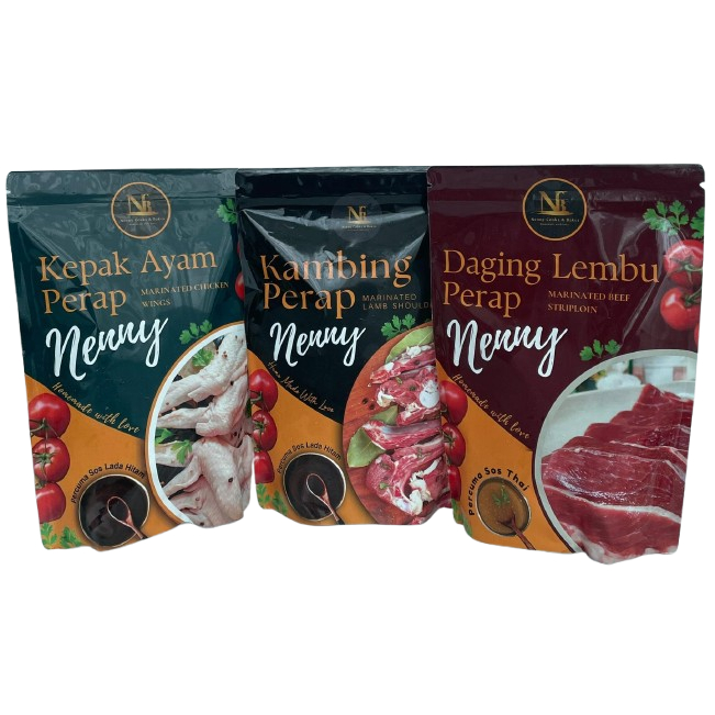 Kambing Perap Nenny – Marinated Lamb Shoulder | Daging Lembu (Beef Striploin) & Kepak Ayam Perap (Chicken Wings)