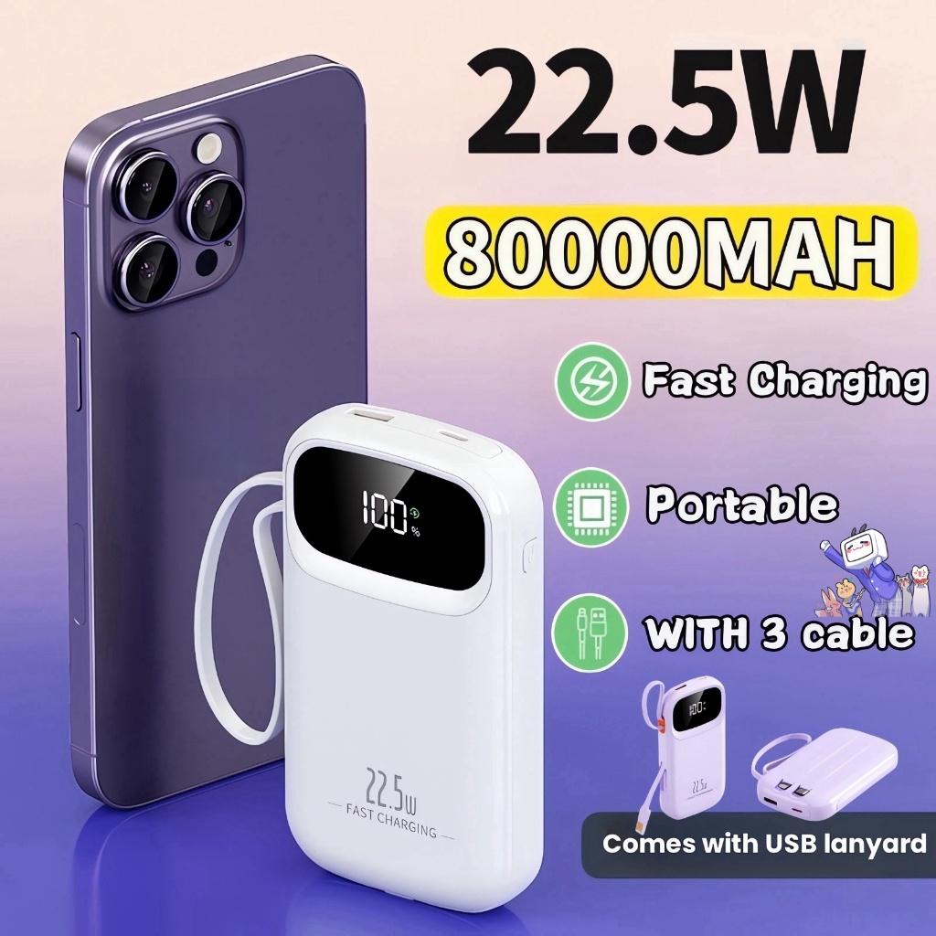 80000mah Powerbank Built-in Cable Fast Charging Power Bank PD22.5W  With Digital Display Portable Power Bank