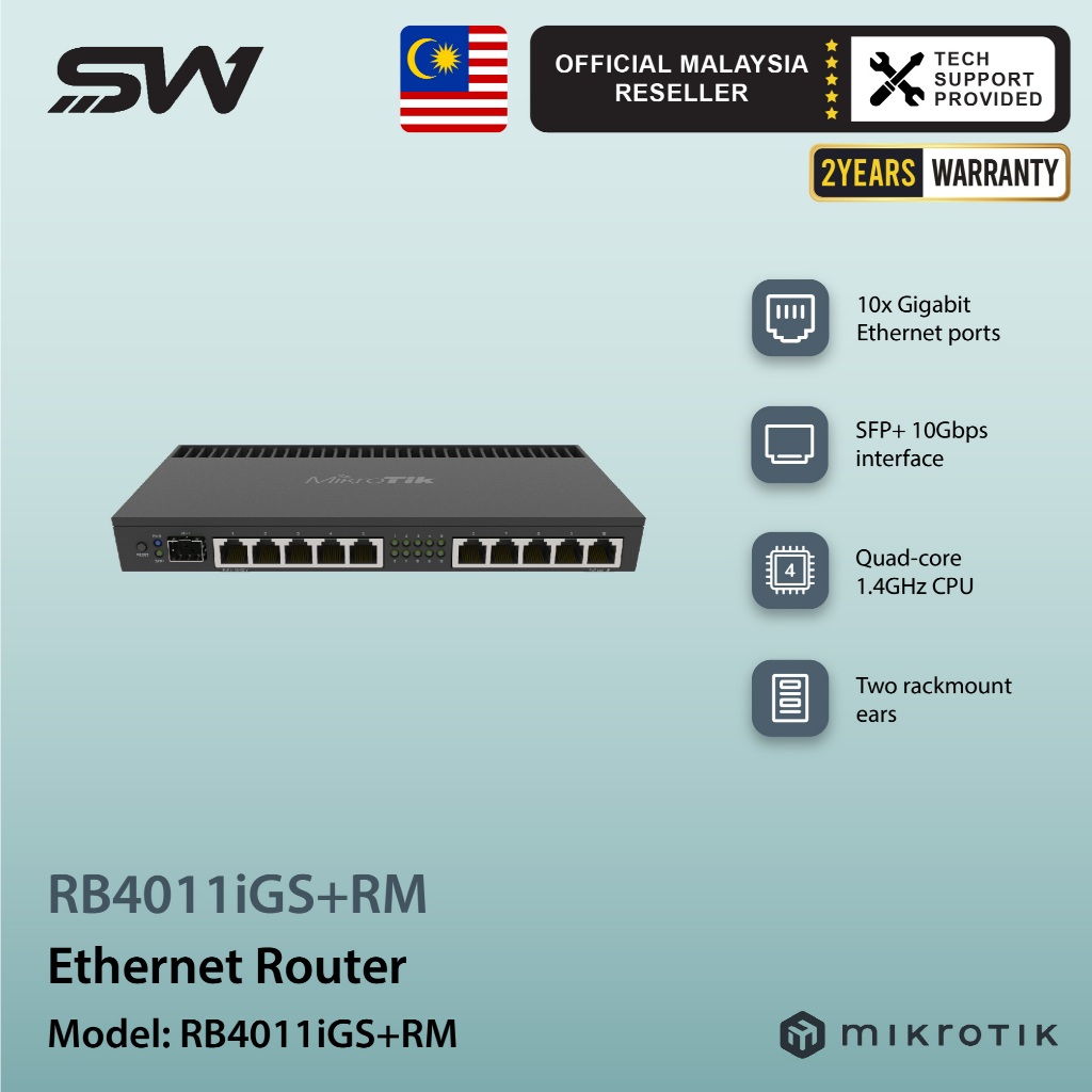 Mikrotik RB4011iGS+RM - Powerful 10xGigabit port router with a Quad-core 1.4Ghz CPU, 1GB RAM, SFP+ 10Gbps cage