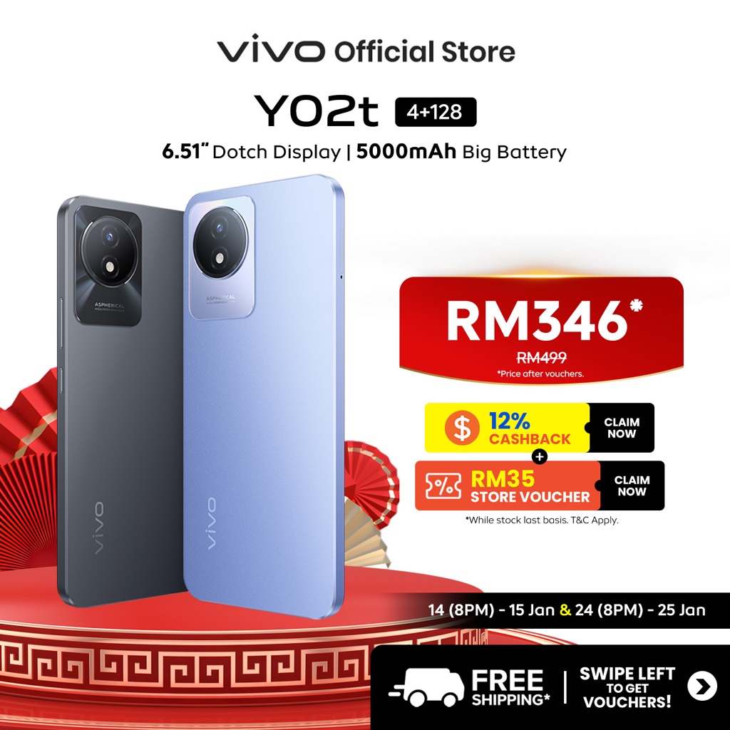 New Arrival vivo Y02T 4+4GB EXTENDED RAM + 64GB/128GB ROM 5000mAh Large Battery 6.51″ HD+ Eye Protection Screen