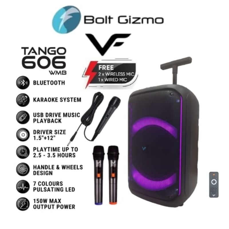 Vinnfier VF Tango 606 WMB 12" Woofer Bass Bluetooth Karaoke Speaker AUX, USB, Micro SD Card, Super B