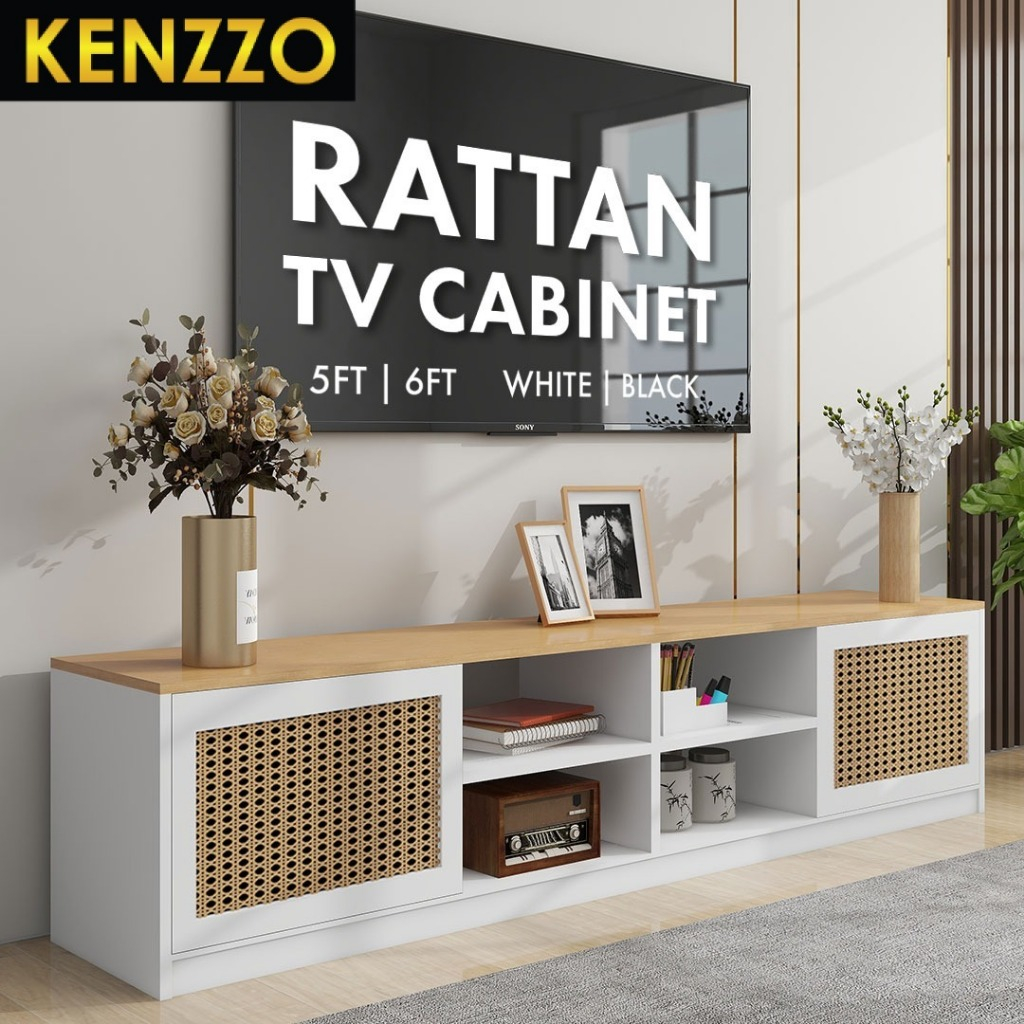 Rattan TV Cabinet 6ft - 5ft Material Kayu with Multiple Storage compartment - KENZZO