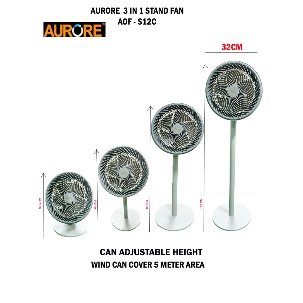 AURORE 3 IN 1 Circulation 12'' Stand Fan/Table Fan / Living Fan / Desk Fan