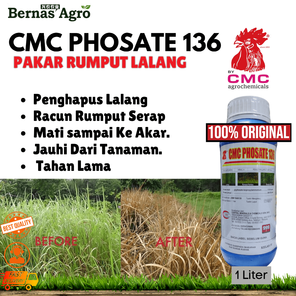 CMC Phosate Racun Rumput Rumpai dan Lalang Paling Berkesan Serap Lambat Mati Sampai Akar Glyphosate Herbicide 除草剂 1L