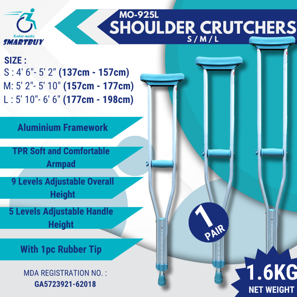 Adjustable Aluminium Shoulder Crutches (S/M/L) – Lightweight & Comfortable MO-925L ( Tongkat Ketiak )