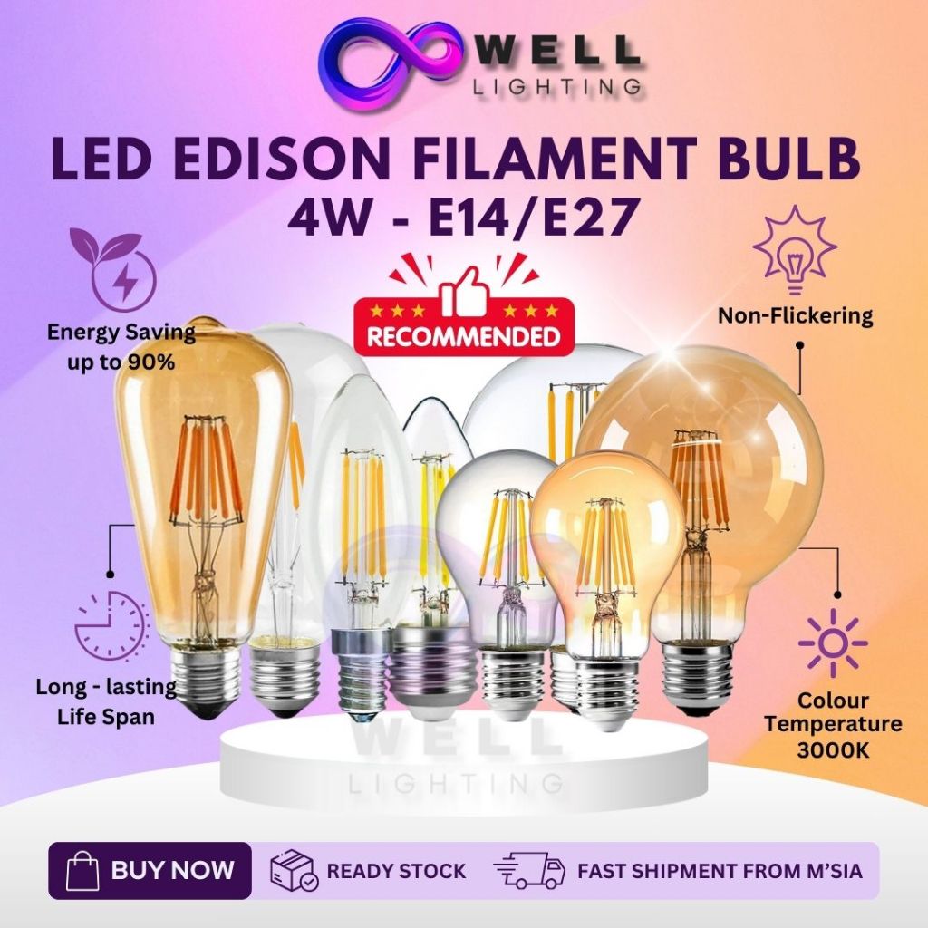 【LED Edison Bulb】Filament Bulb 4W Retro Vintage Candle PingPong Amber E14 E27 Warmwhite Mentol Lampuu C35 ST64 G95 G45