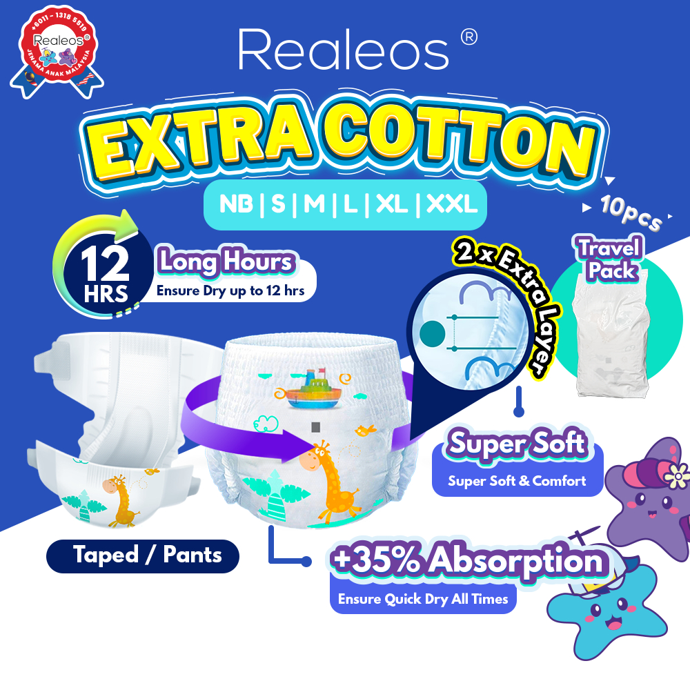 Realeos NB/S/M/L/XL/XXL Baby Diaper Tape Diapers Pants Newborn Lampin Kanak-Kanak Comfort Dry
