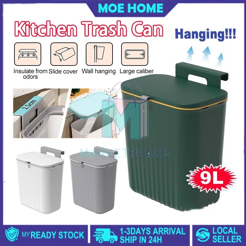 Upgraded Hanging Trash 9L Can Kitchen Dustbin Rubbish Bin Cabinet Door Floor Wall Mounted Kitchen Tong Sampah Sangkut
