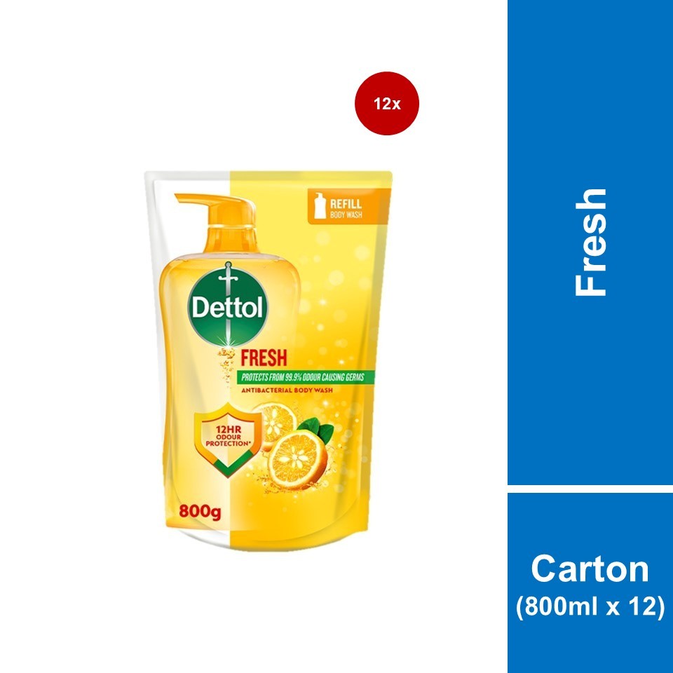 [Carton of 12] Dettol Shower Gel/Antibacterial Body Wash 800ml Value Refill Pouch (Fresh)