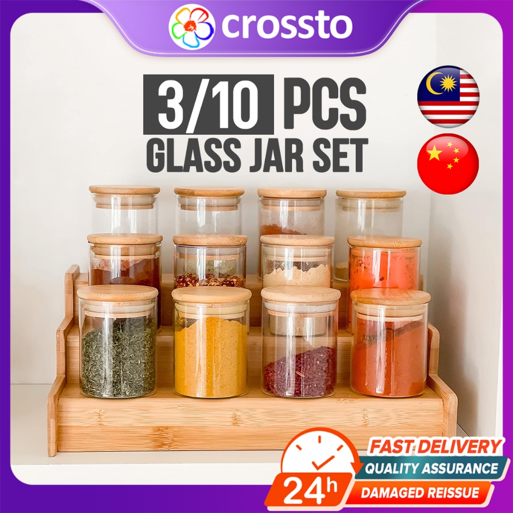 CROSSTO 3/10Pcs Set balang kaca Botol Perasa Untuk Rempah kaca Bekas Lutsinar Dengan Penutup Balang Kuki Rak Buluh